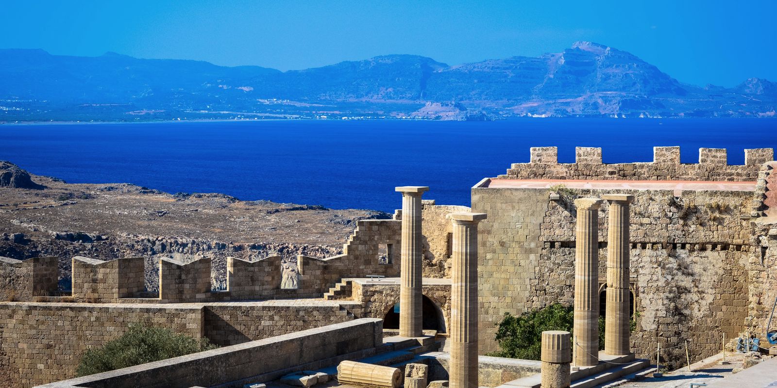 View from the Acropolis of Lindos over the Aegean Sea and Rhodes coastline, Greece