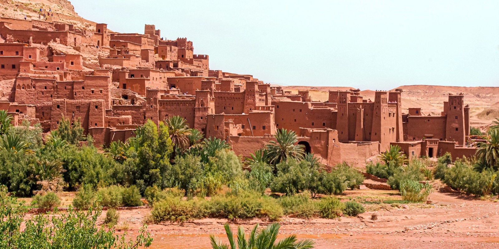 The ancient kasbah of Aït Benhaddou rising from the Moroccan desert landscape near Marrakech